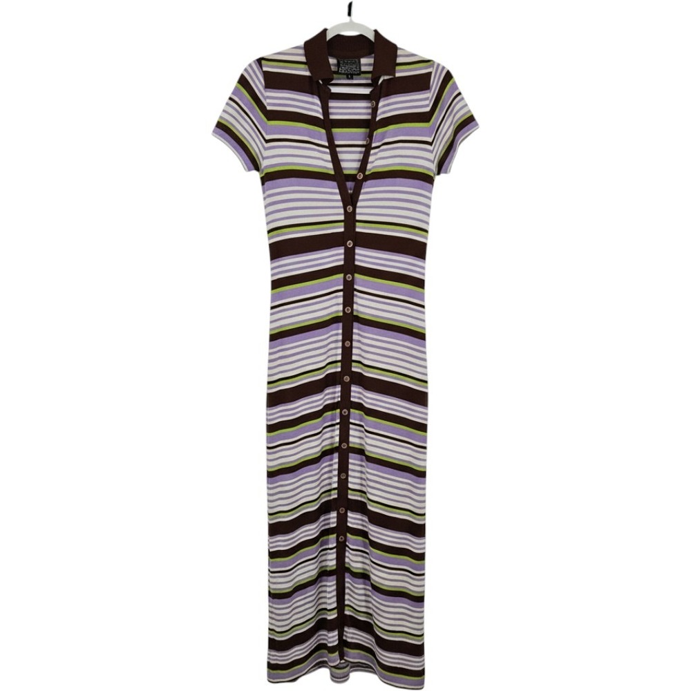 Vintage Cynthia Rowley Y2K Striped Maxi Dress Purple Green Brown Button Front S